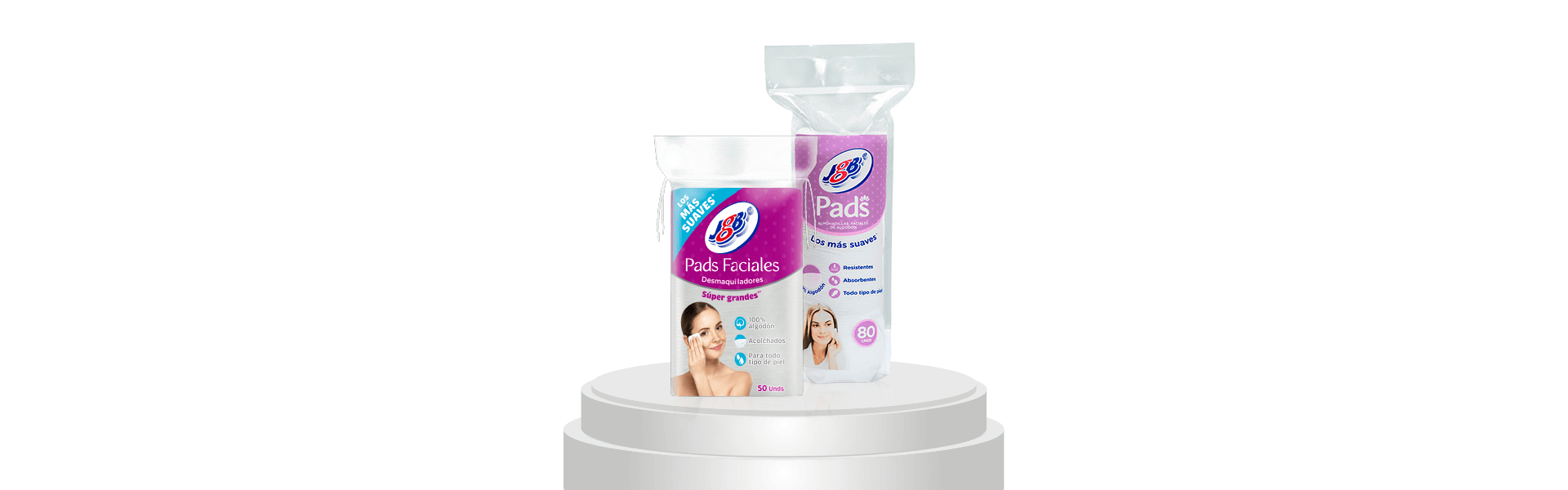 Empaque de Pads Faciales JGB en sus presentaciones de pomo cuadrado y circular colocados juntos sobre un pedestal blanco con fondo gris claro