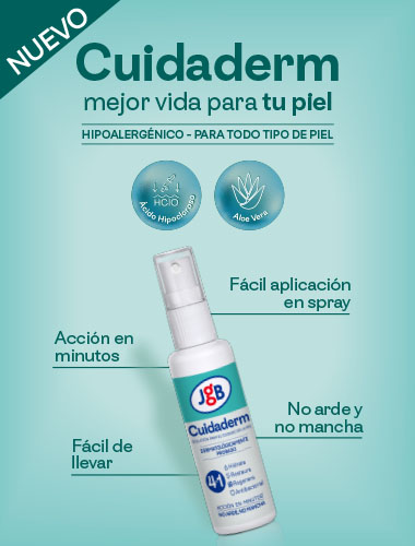 Frasco de Cuidaderm JGB con la etiqueta de nuevo lanzamiento y los sellos de ácido hipocloroso y aloe vera