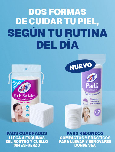 Empaque de Pads Faciales JGB en sus presentaciones de pomo cuadrado y circular uno junto al otro, recomendando su uso