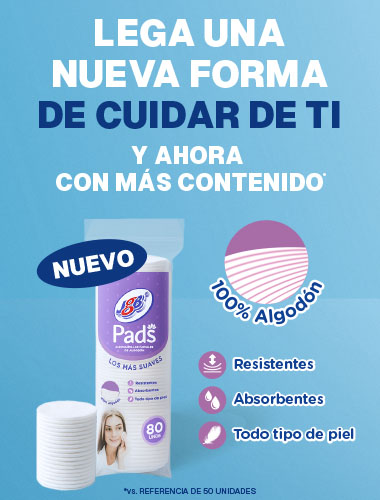 Empaque de Pads JGB con el sello de 100% algodón y los íconos de resistente, absorbente y apto para todo tipo de piel