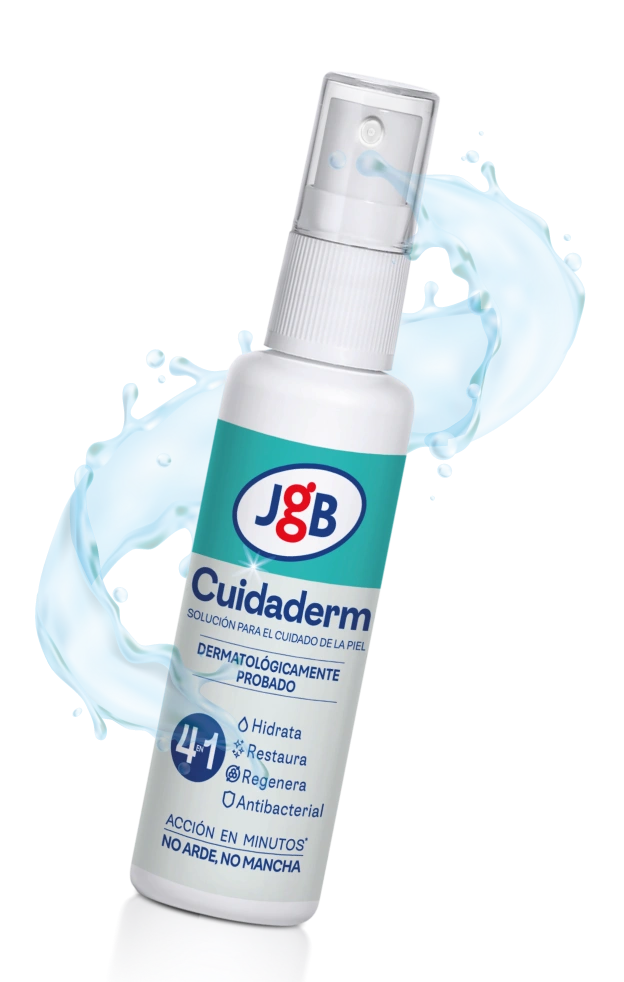 Frasco spray de Cuidaderm JGB rodeado de un efecto de splash de agua, mostrando su acción hidratante