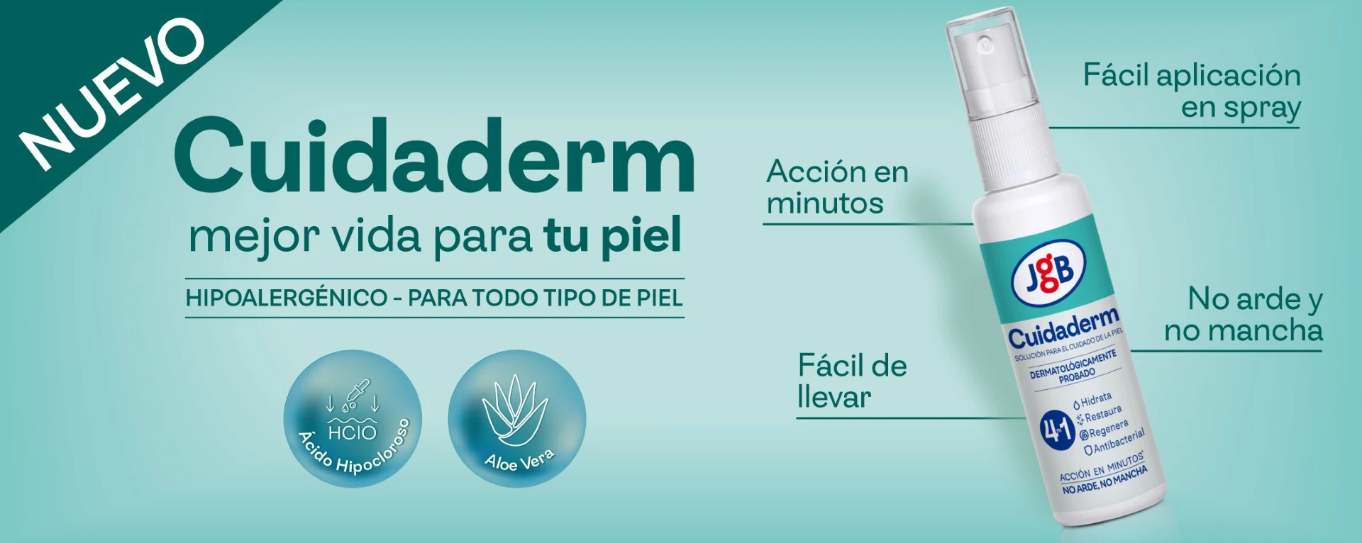 Frasco de Cuidaderm JGB con la etiqueta de nuevo lanzamiento y los sellos de ácido hipocloroso y aloe vera