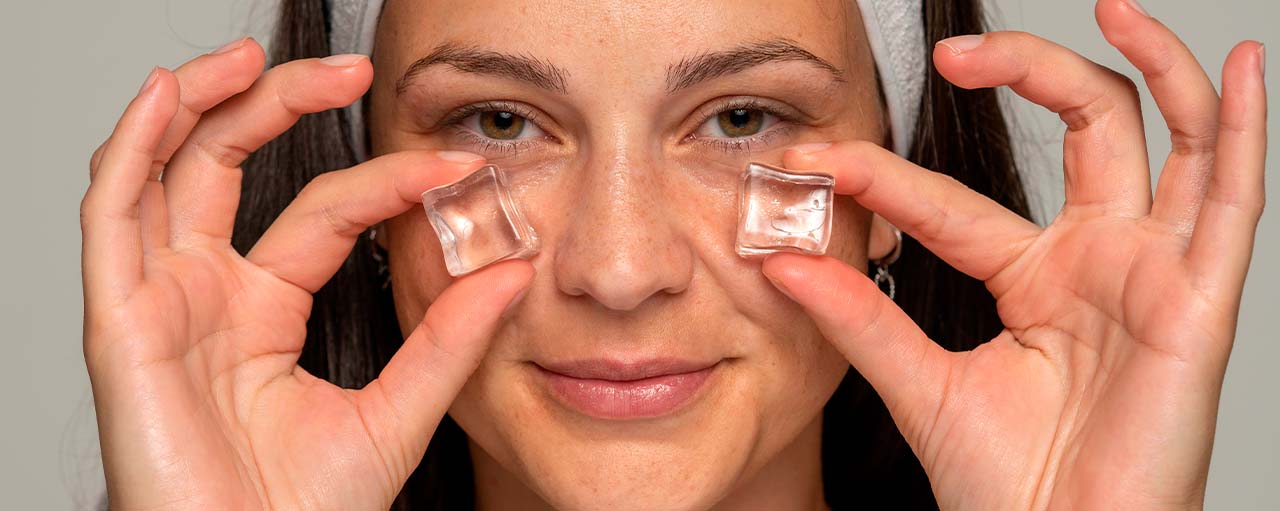 Mujer aplicando hielo en la cara con un cubo de hielo en cada mejilla, técnica de skincare para mejorar la piel