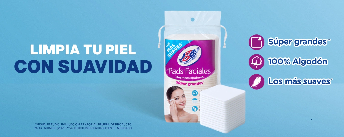 Empaque de Pads Faciales JGB junto a una almohadilla cuadrada de algodón, con la imagen de una mujer aplicándose el producto en el rostro