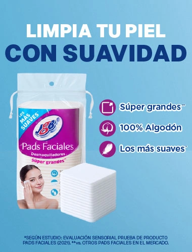Empaque de Pads Faciales JGB junto a una almohadilla cuadrada de algodón, con la imagen de una mujer aplicándose el producto en el rostro