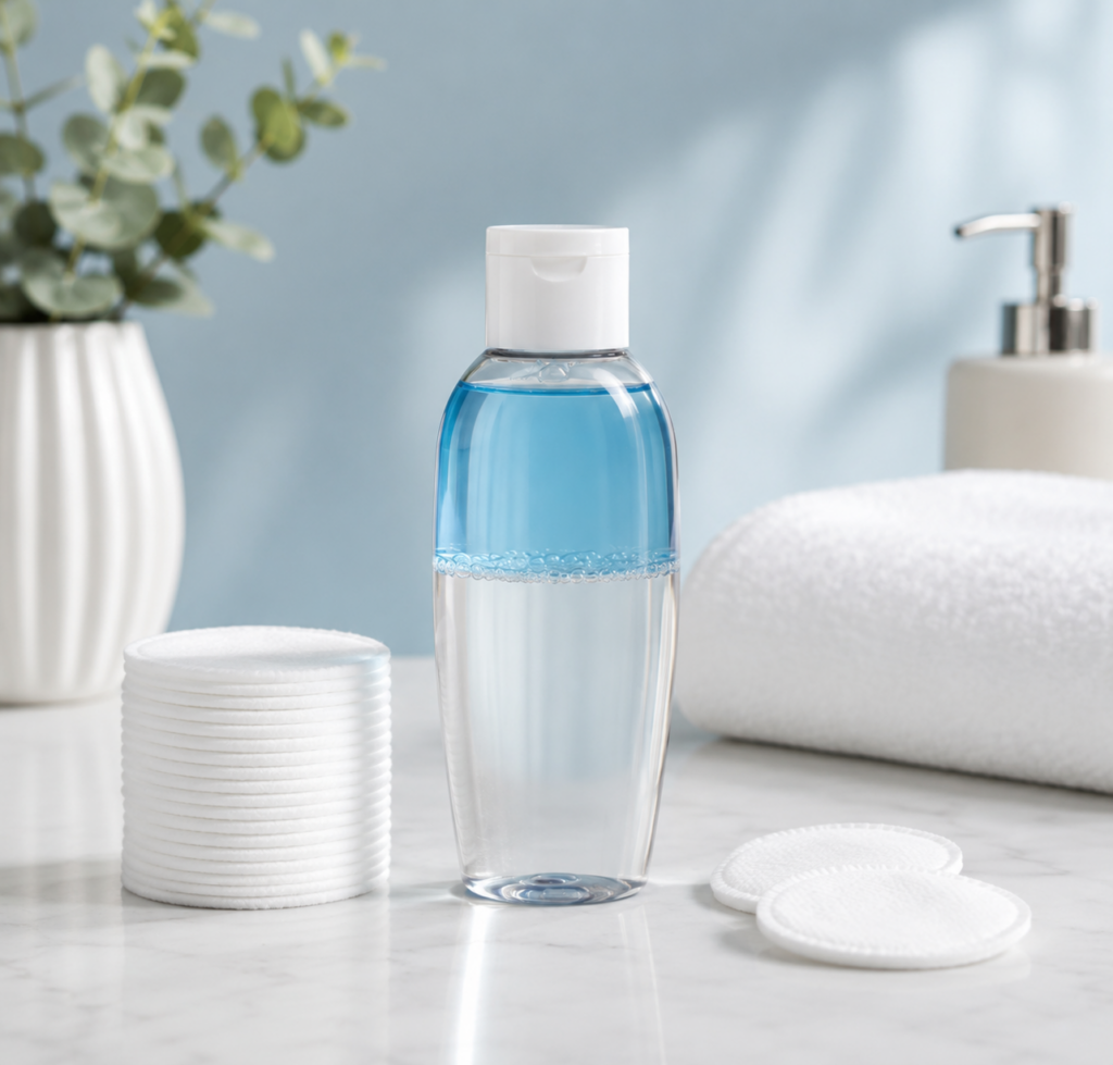 Desmaquillante bifásico y pads faciales para retirar residuos cosméticos del rostro.