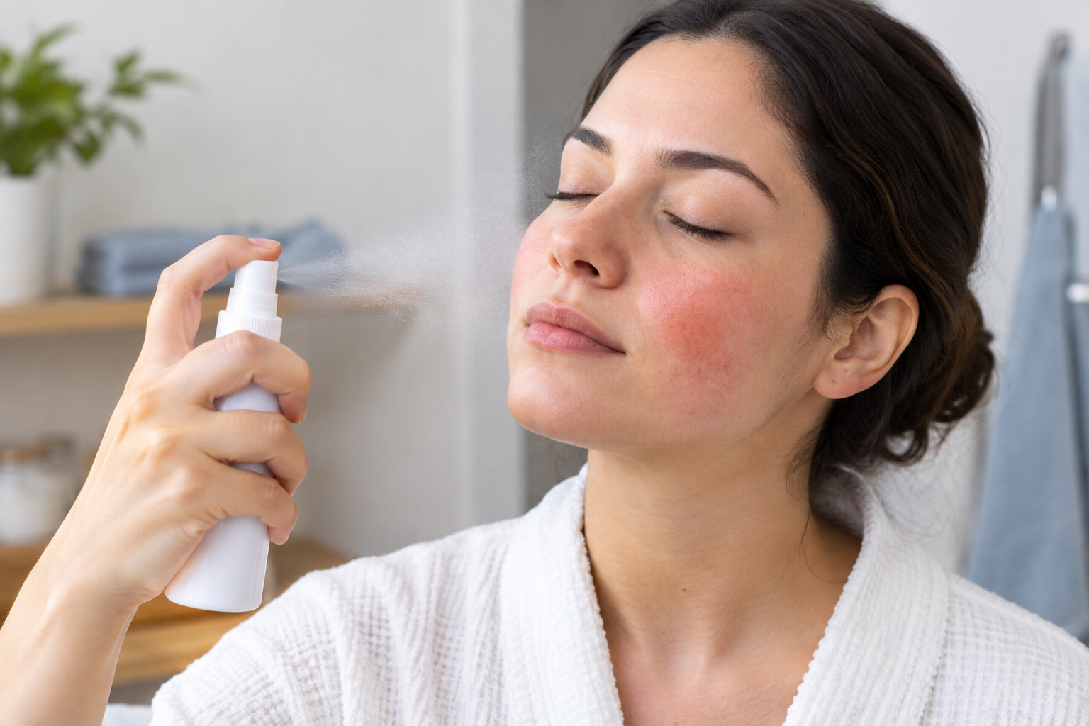 Mujer aplicándose un spray calmante sobre la piel irritada del rostro.