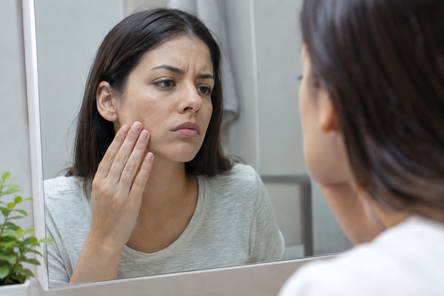 Mujer observando en el espejo su piel opaca y sin brillo en el rostro.