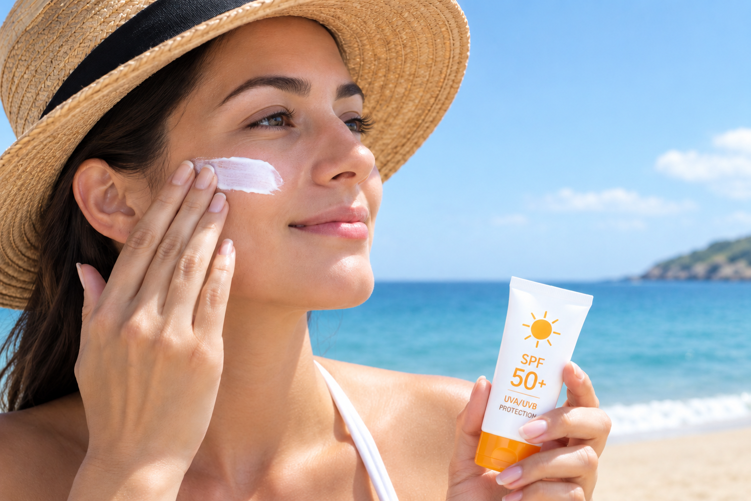 Mujer aplicándose protector solar en el rostro para protegerse de los rayos UV.