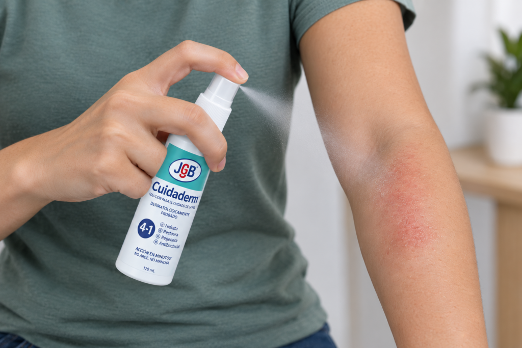 Persona aplicando spray Cuidaderm sobre la piel irritada del brazo.
